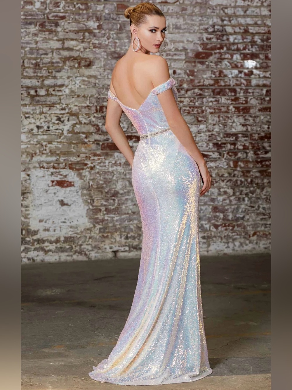Iridescent Off-Shoulder Sequin Evening Gown - Pink - Picture 2 of 5